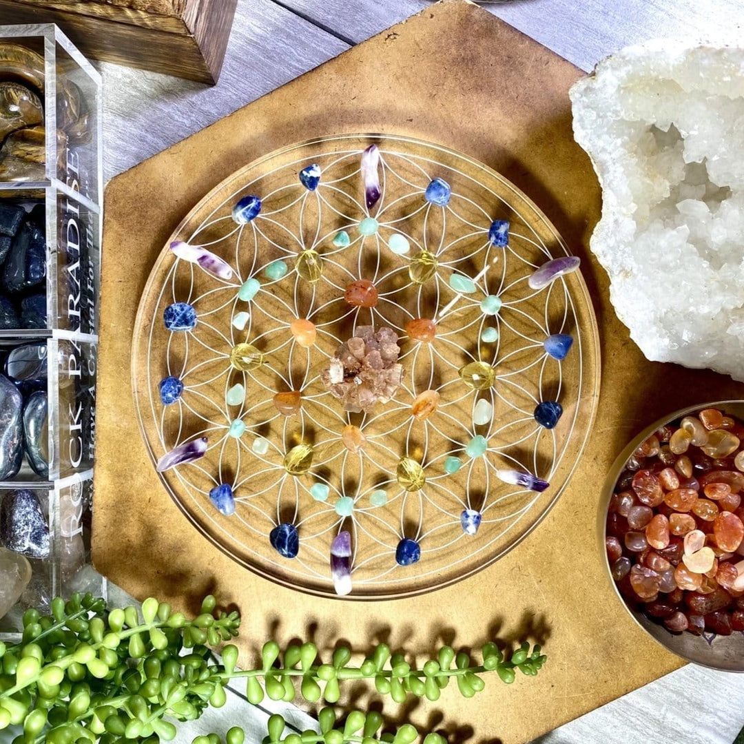 Flower of Life grid diagram for crystal manifestation - Crystal Chart