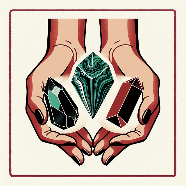 hands holding obsidian, malachite, and red garnet crystals