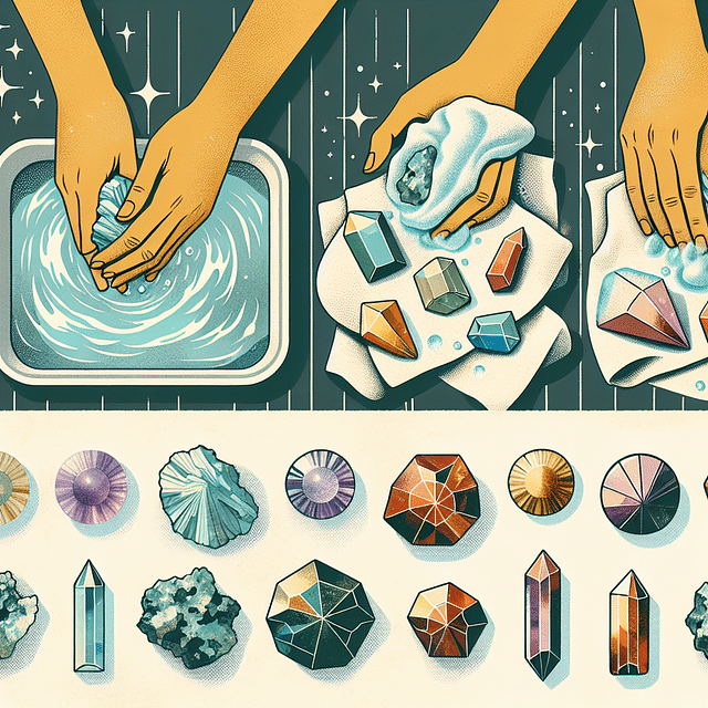 hands cleansing crystals in water and placing them on a cloth