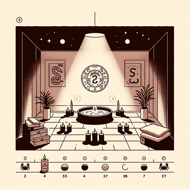 Tranquil meditation space with Scorpio symbols and candles