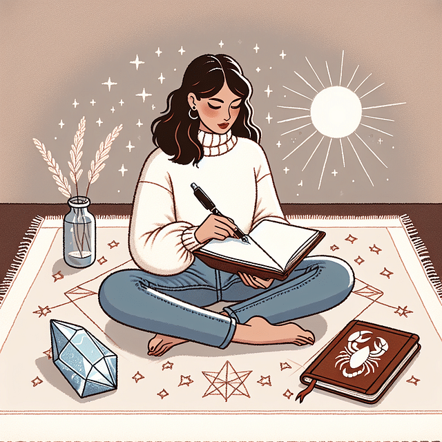 Person reflecting with a journal and Scorpio crystal nearby