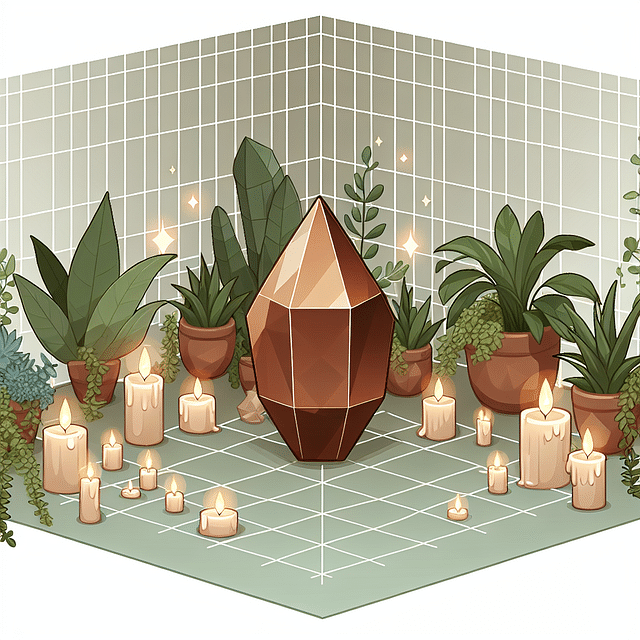 serene corner with brown crystal, candles, and plants