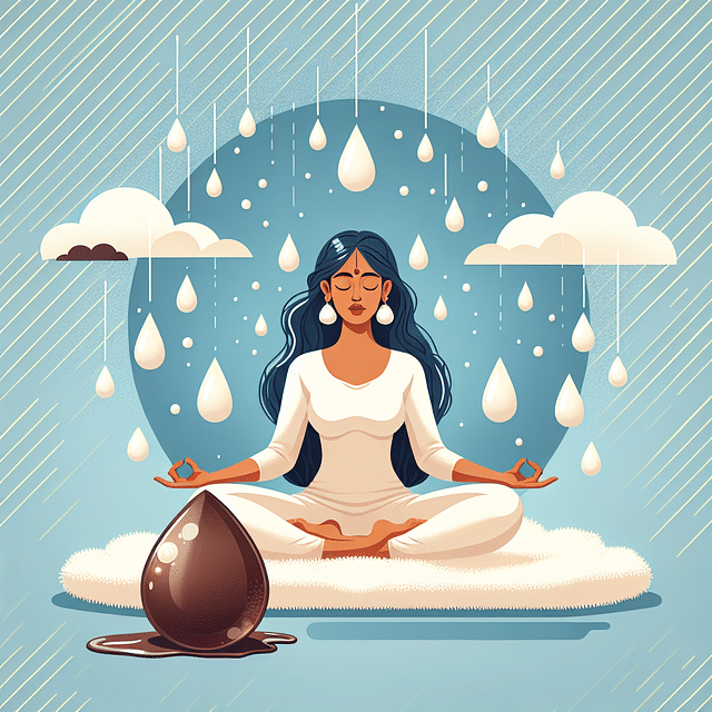 person meditating with a brown crystal at their feet