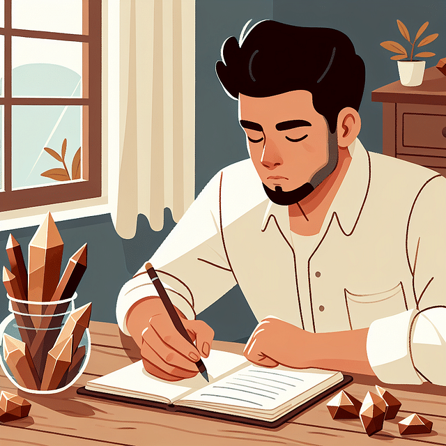 person writing intentions in a journal with brown crystals nearby