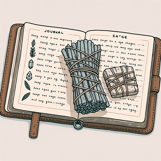 journal with notes on crystal experiences and a sage bundle