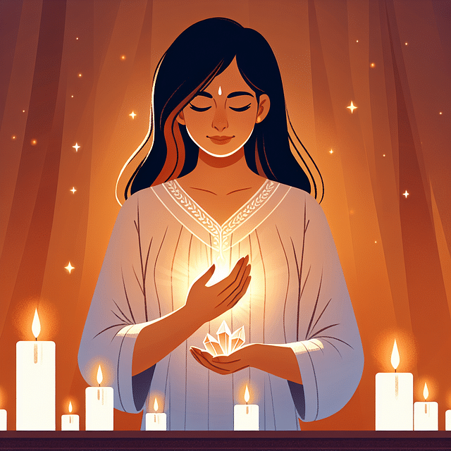 person affirming intention with a glowing crystal