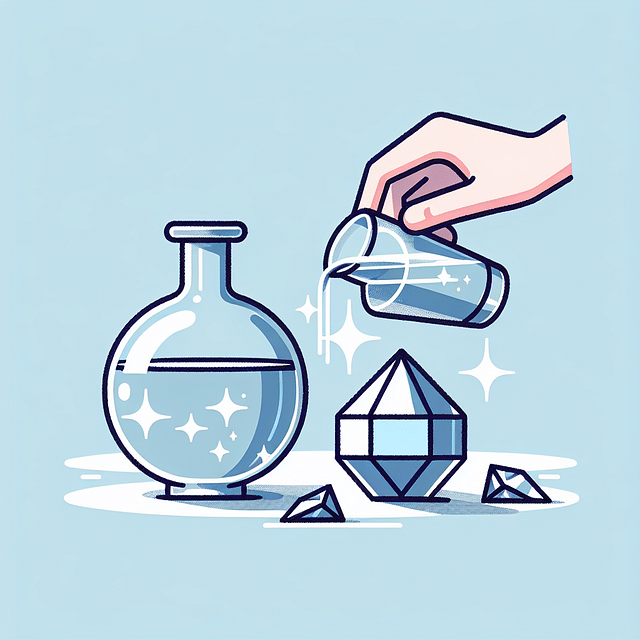 water being poured into a glass vessel with a crystal beside it