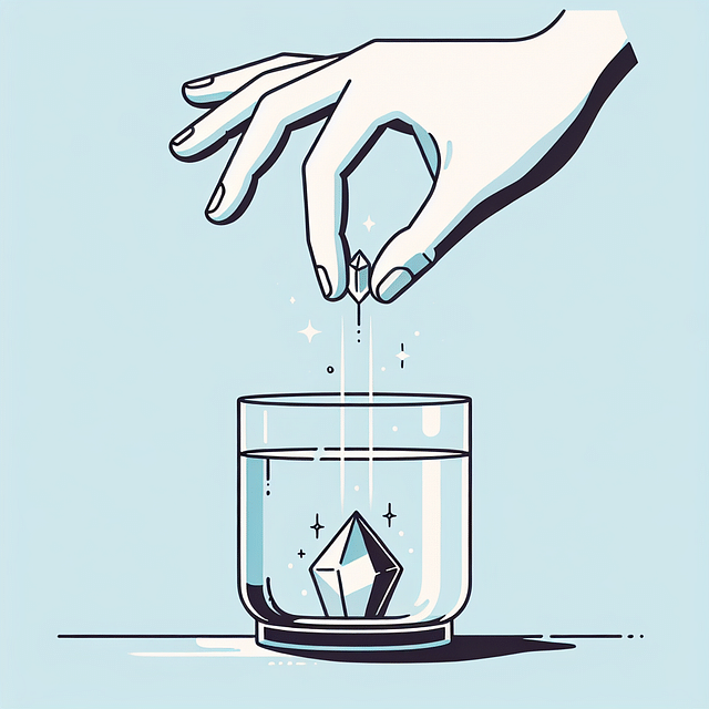 a crystal being gently placed into water in a glass container