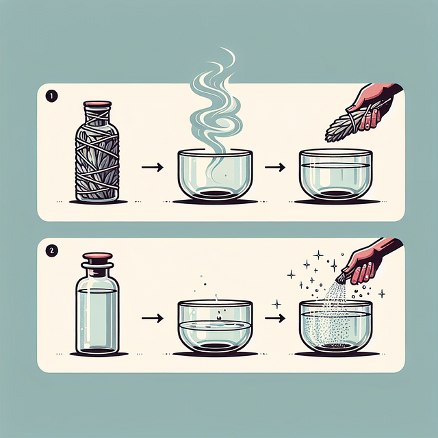 a clear glass container being cleansed with sage smoke and water