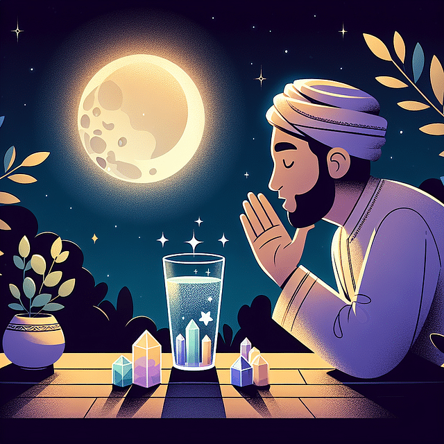 a person whispering to a crystal-infused water under the moonlight