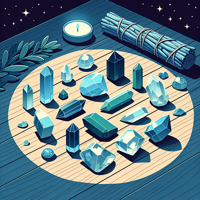 a variety of polished crystals on a wooden table, with sage and moonlight