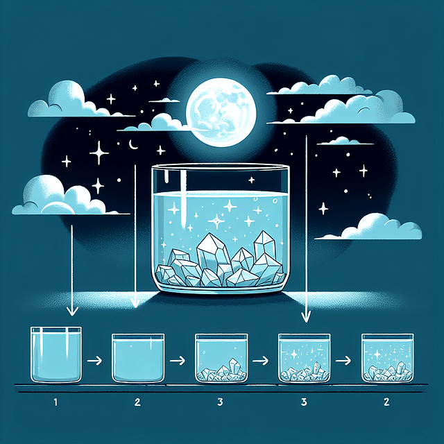 a glass container with water and crystal inside, sitting under the full moon