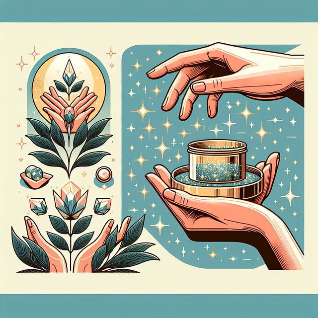 hands opening a container with crystal infused oil and offering a blessing