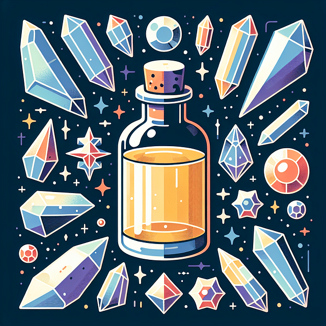 crystals surrounding a bottle of oil