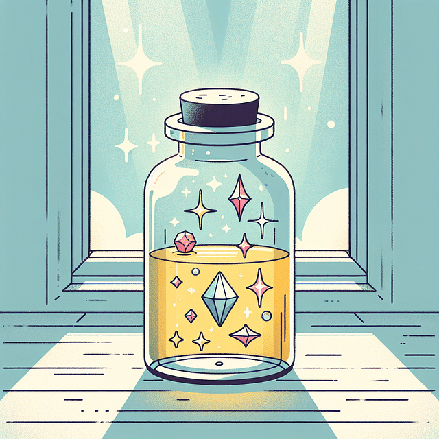 sealed glass container with oil and crystals resting on a windowsill