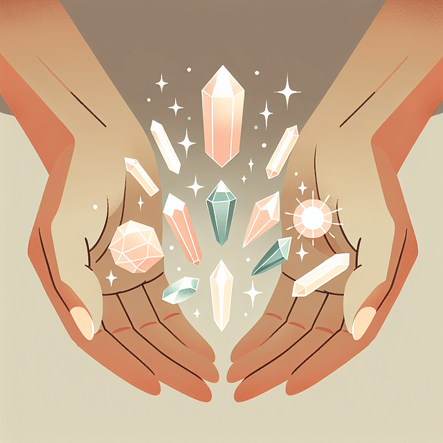 hands holding crystals with a soft glow of intention