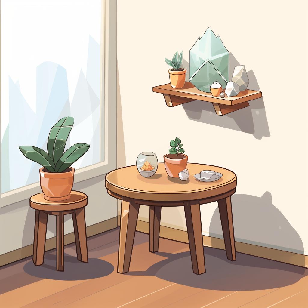 A peaceful corner in a room with a small table set up for crystal storage
