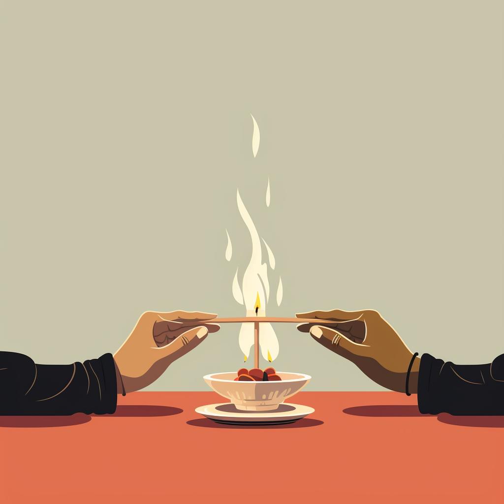 Hands holding a burning sage stick, smoke wafting over a clean table
