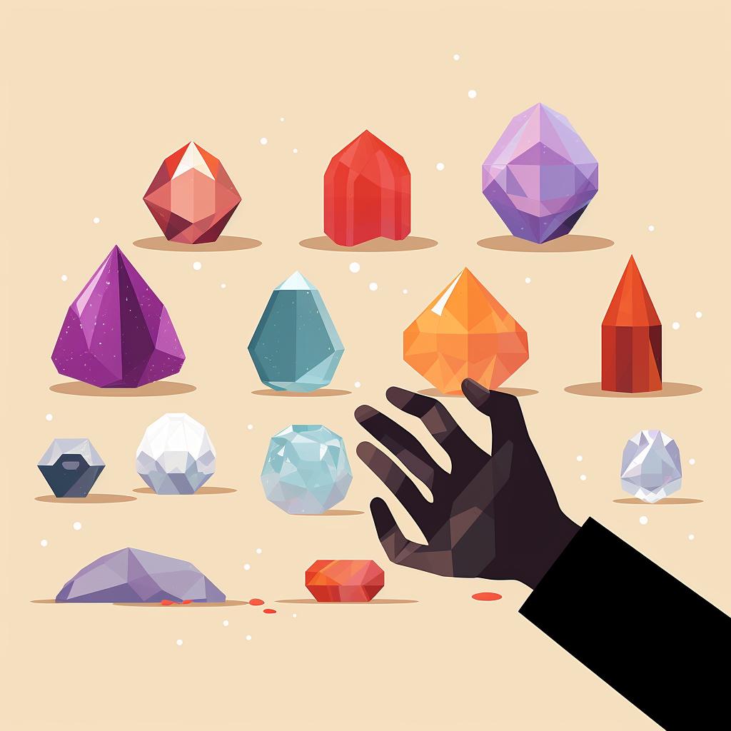 A hand selecting a crystal from a variety
