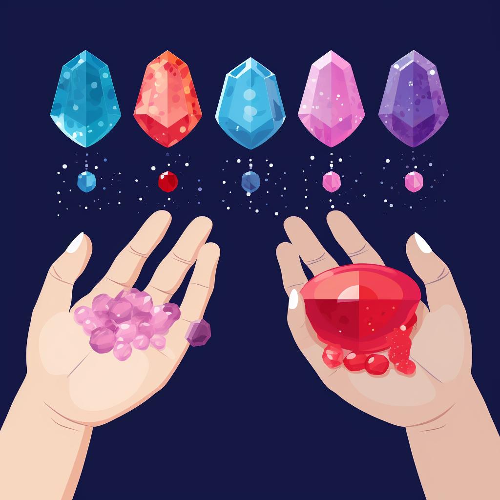 A hand selecting a fertility crystal from a variety