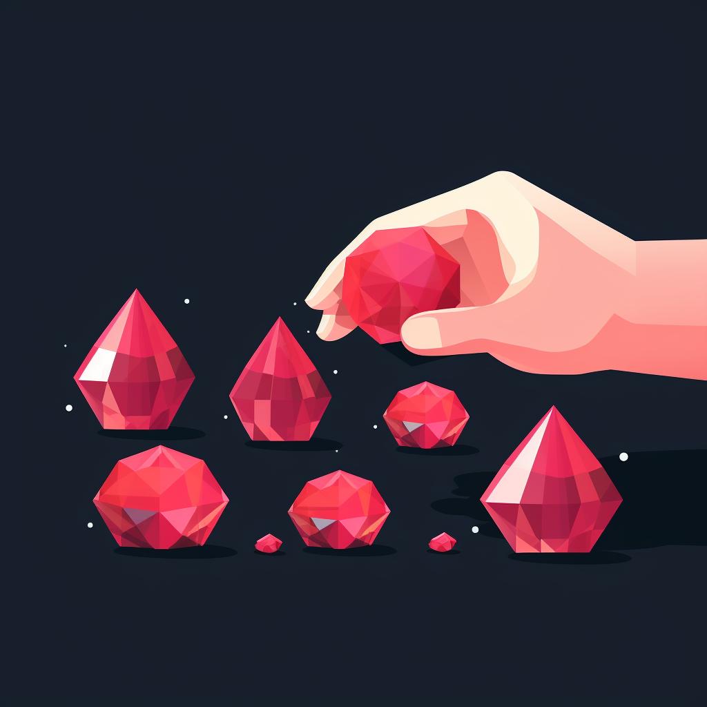 Hand selecting a red crystal from a variety