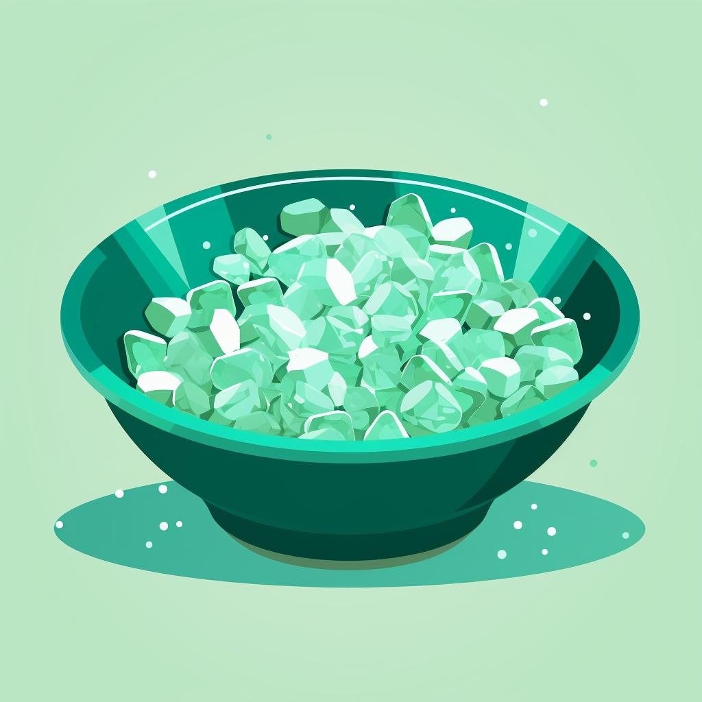Green crystals immersed in a bowl of salt water