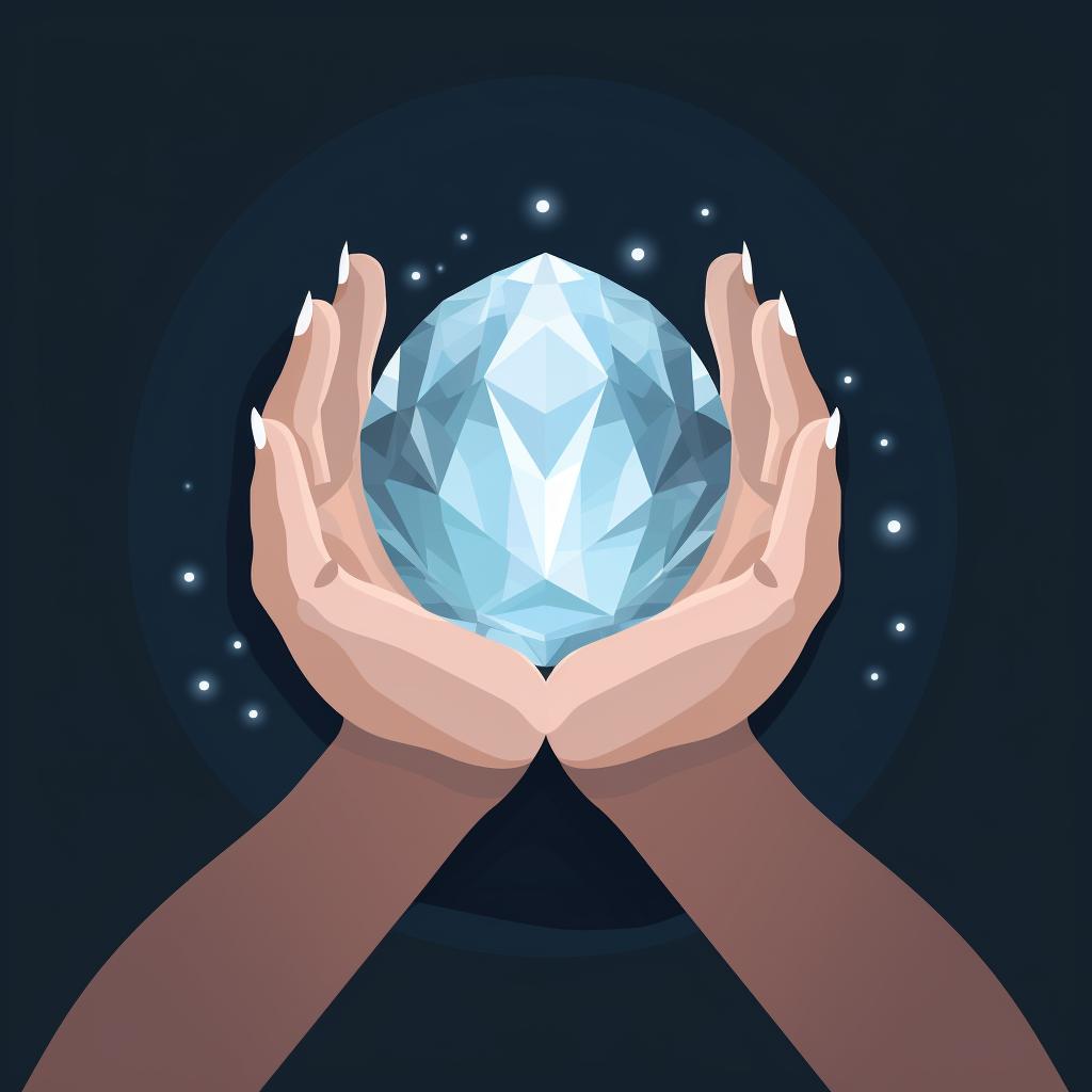 Hands holding a crystal with eyes closed in concentration