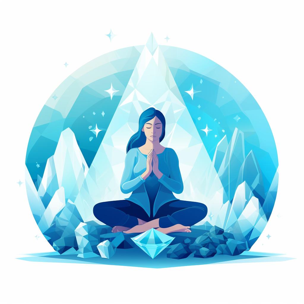 Person meditating with a crystal held to their throat chakra