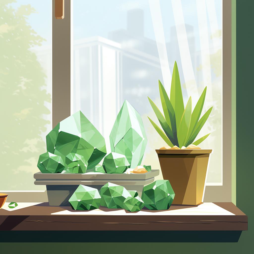 Green crystals placed in a sunny window sill