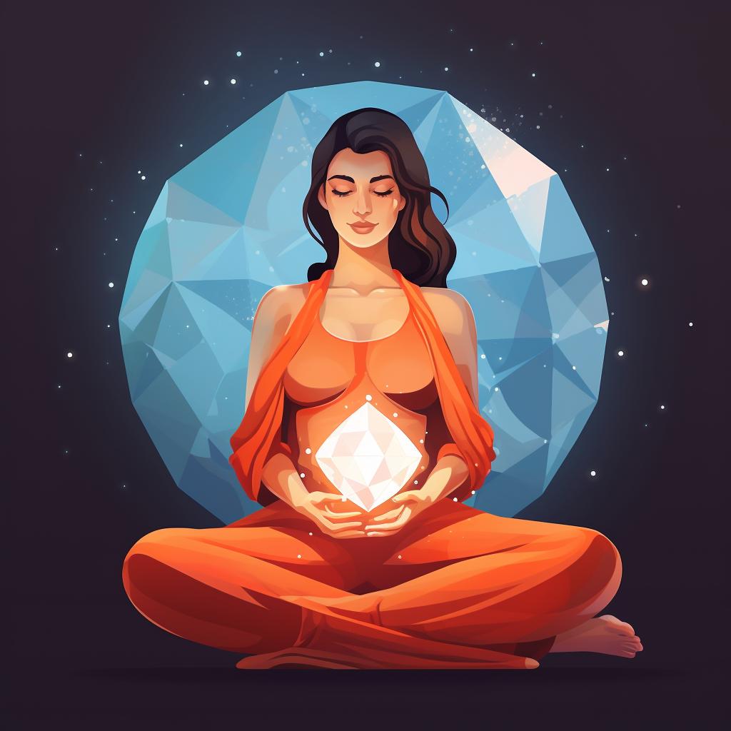 A woman meditating with a warm light emanating from a crystal on her abdomen