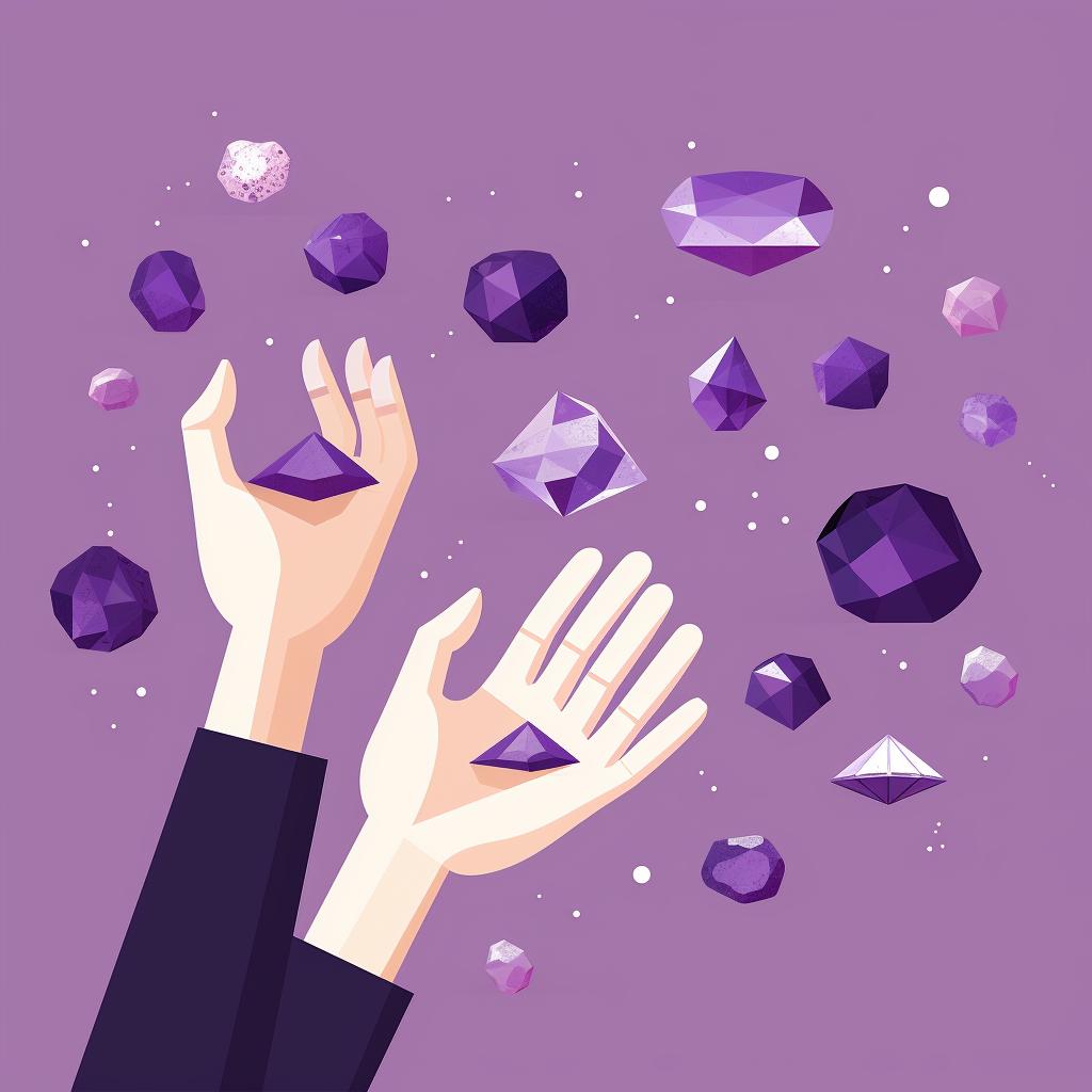 Hand selecting an amethyst from a variety of shapes and sizes