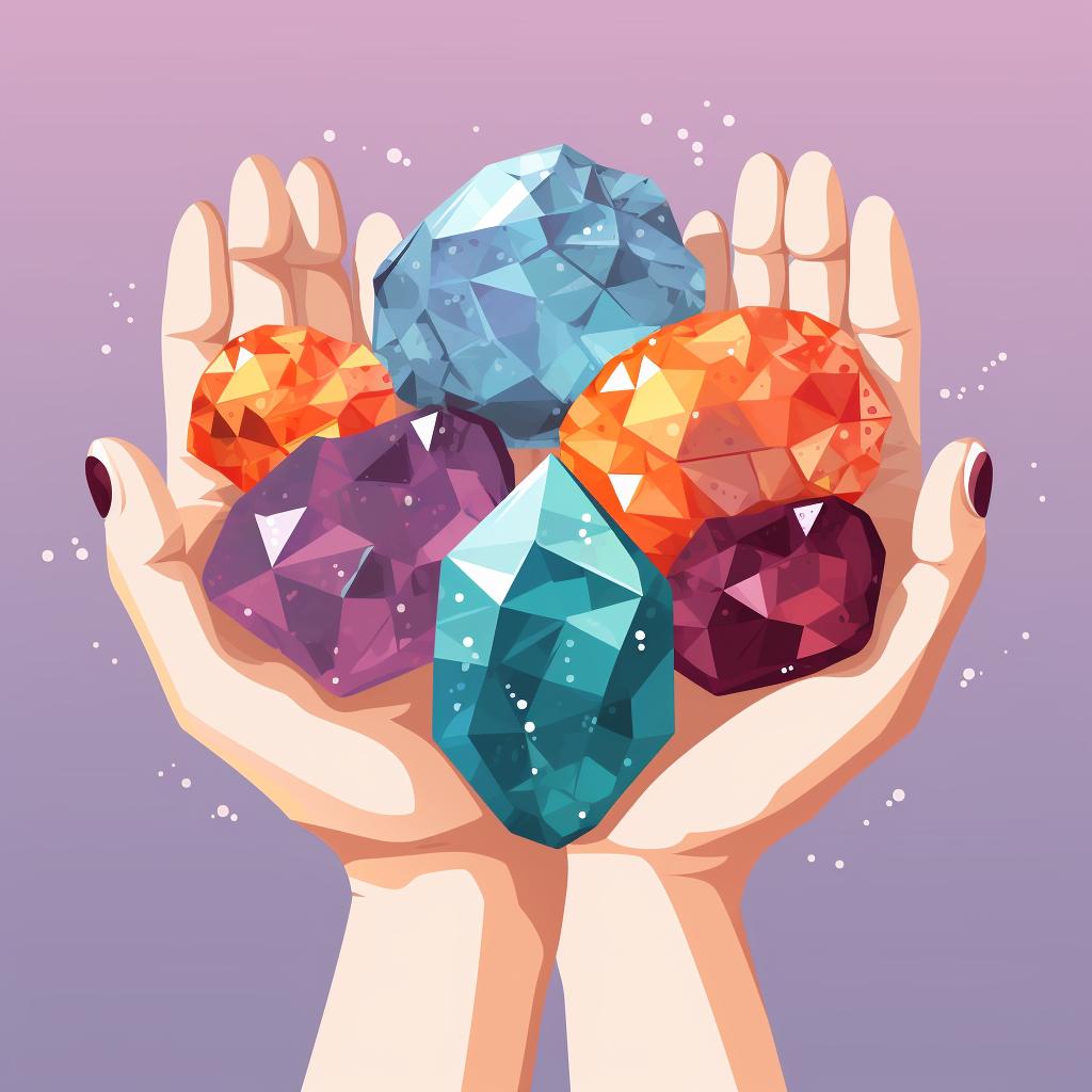 Hands holding different types of crystal clusters