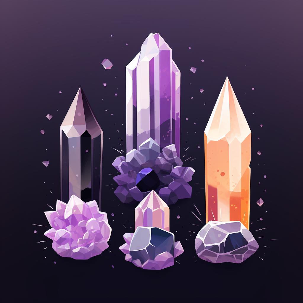 A selection of protective crystals like black tourmaline, amethyst, and clear quartz.