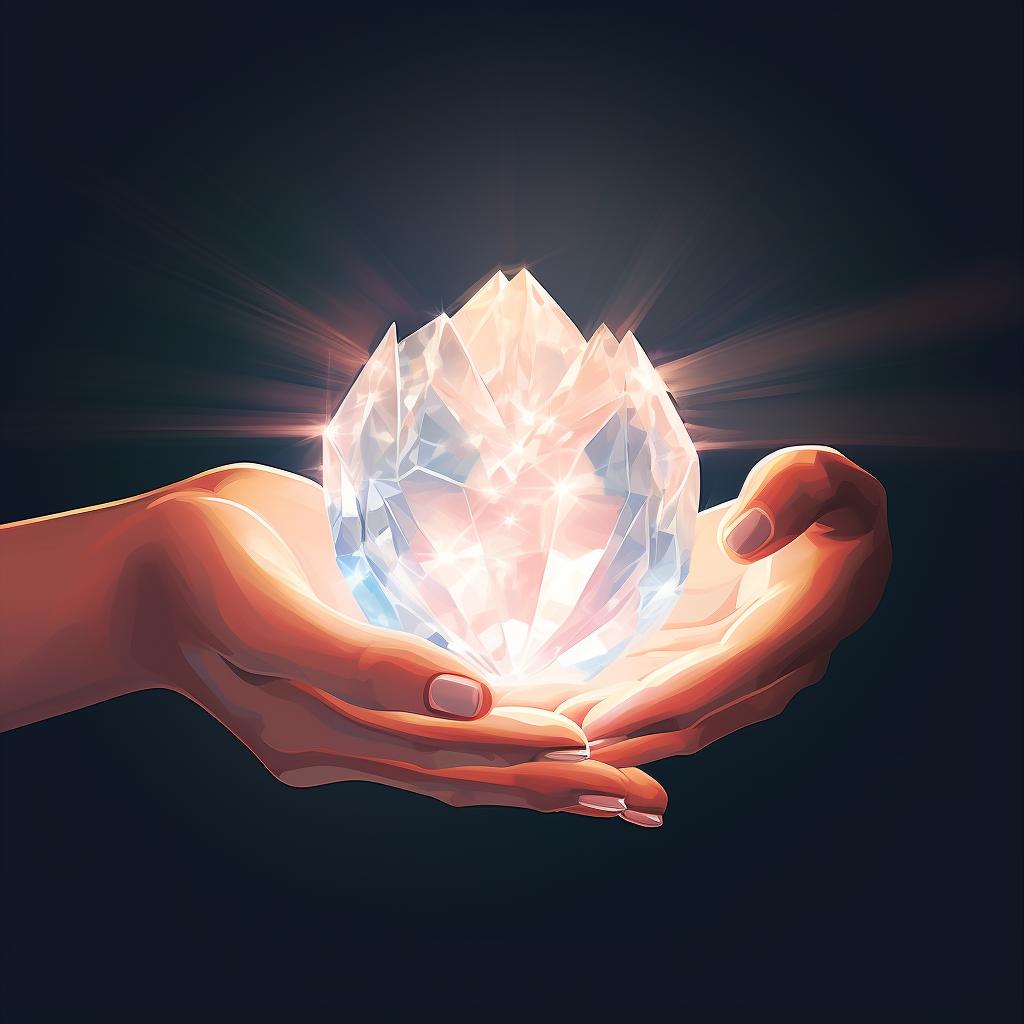 Hands holding a crystal cluster with a soft glow indicating energy flow