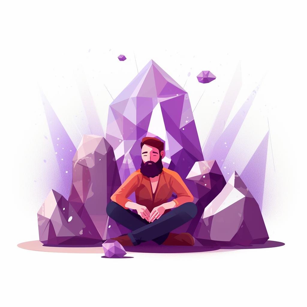 Person meditating with an amethyst in front